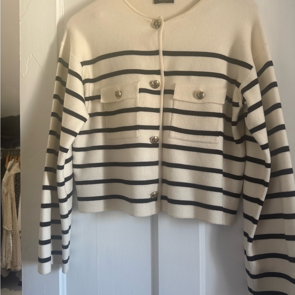 Massimo Dutti Cream and Black Striped Cardigan
